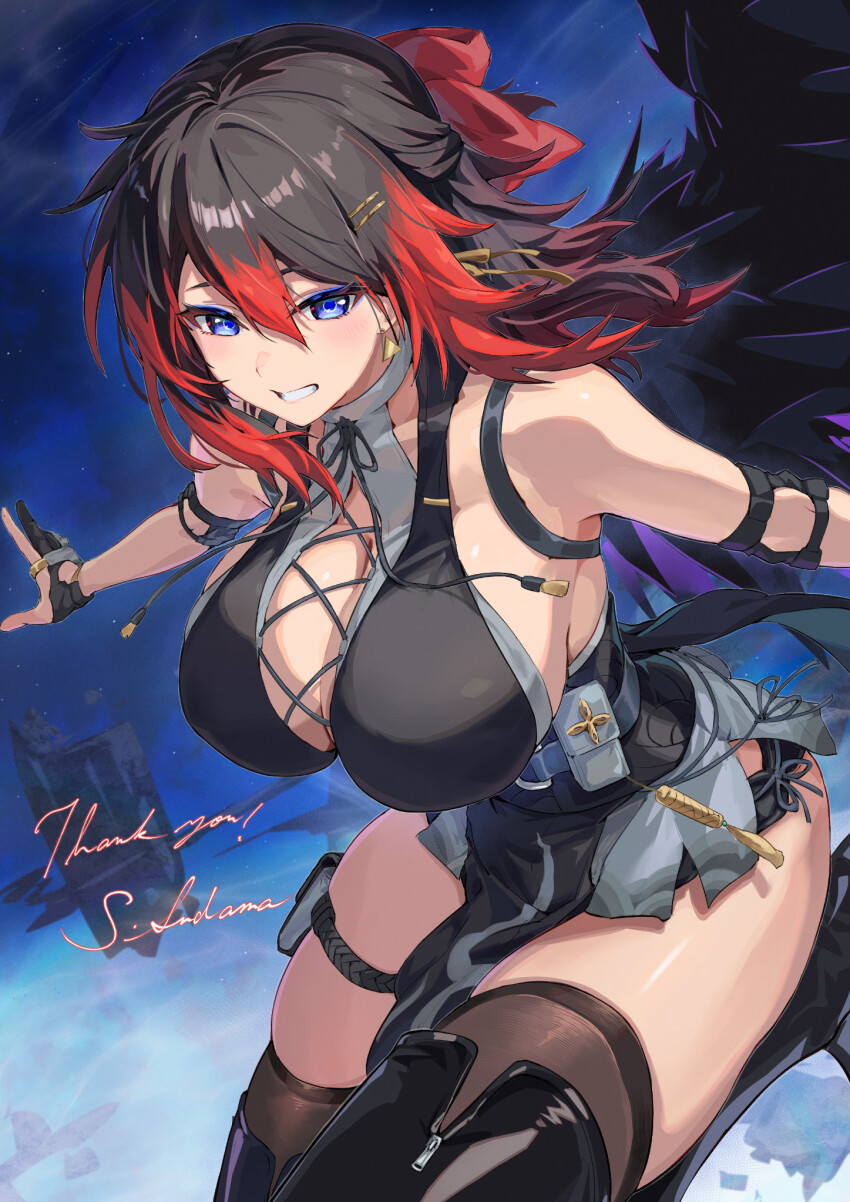 1girl, bare_shoulders, black_hair, black_thighhighs, blue_background, blue_eyes, boots, borrowed_character