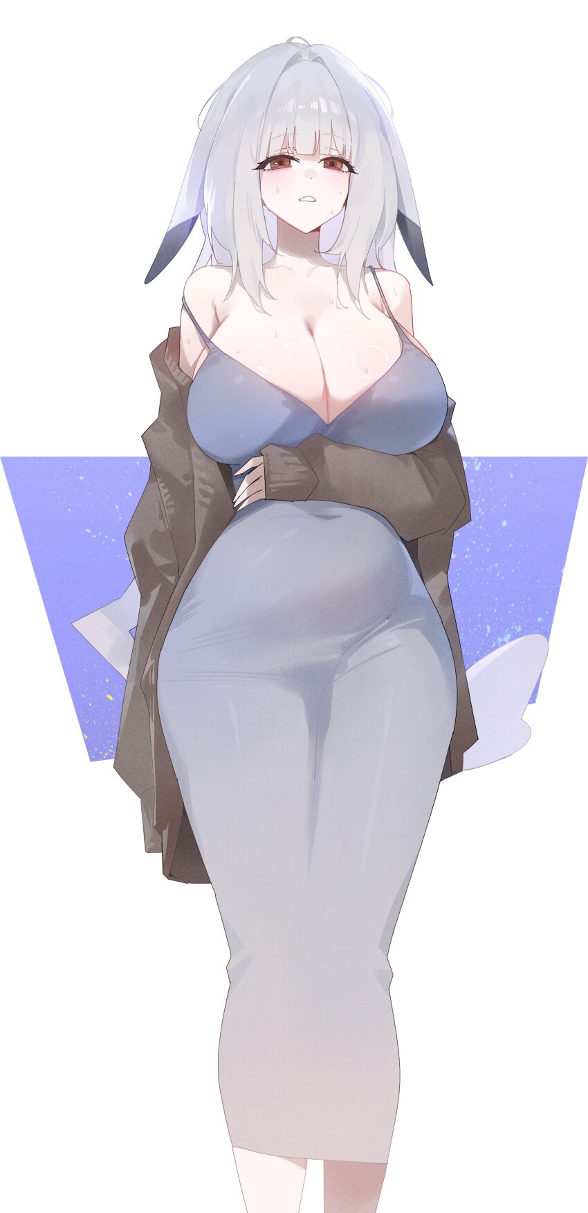 1girl, absurdres, arm_under_breasts, bare_shoulders, belly, blunt_bangs, blush, breasts