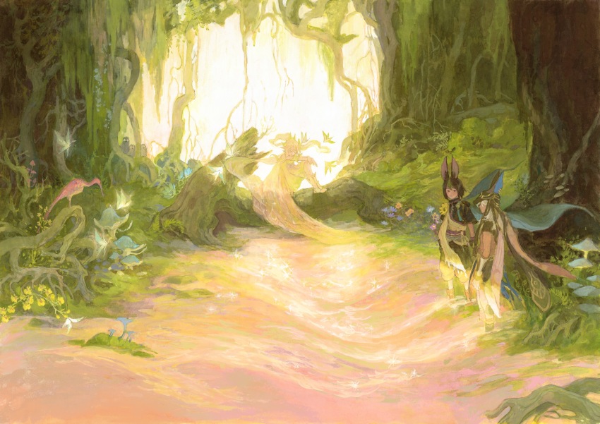 1girl, 2boys, animal_ears, bird, black_hair, black_pants, blue_flower, boots