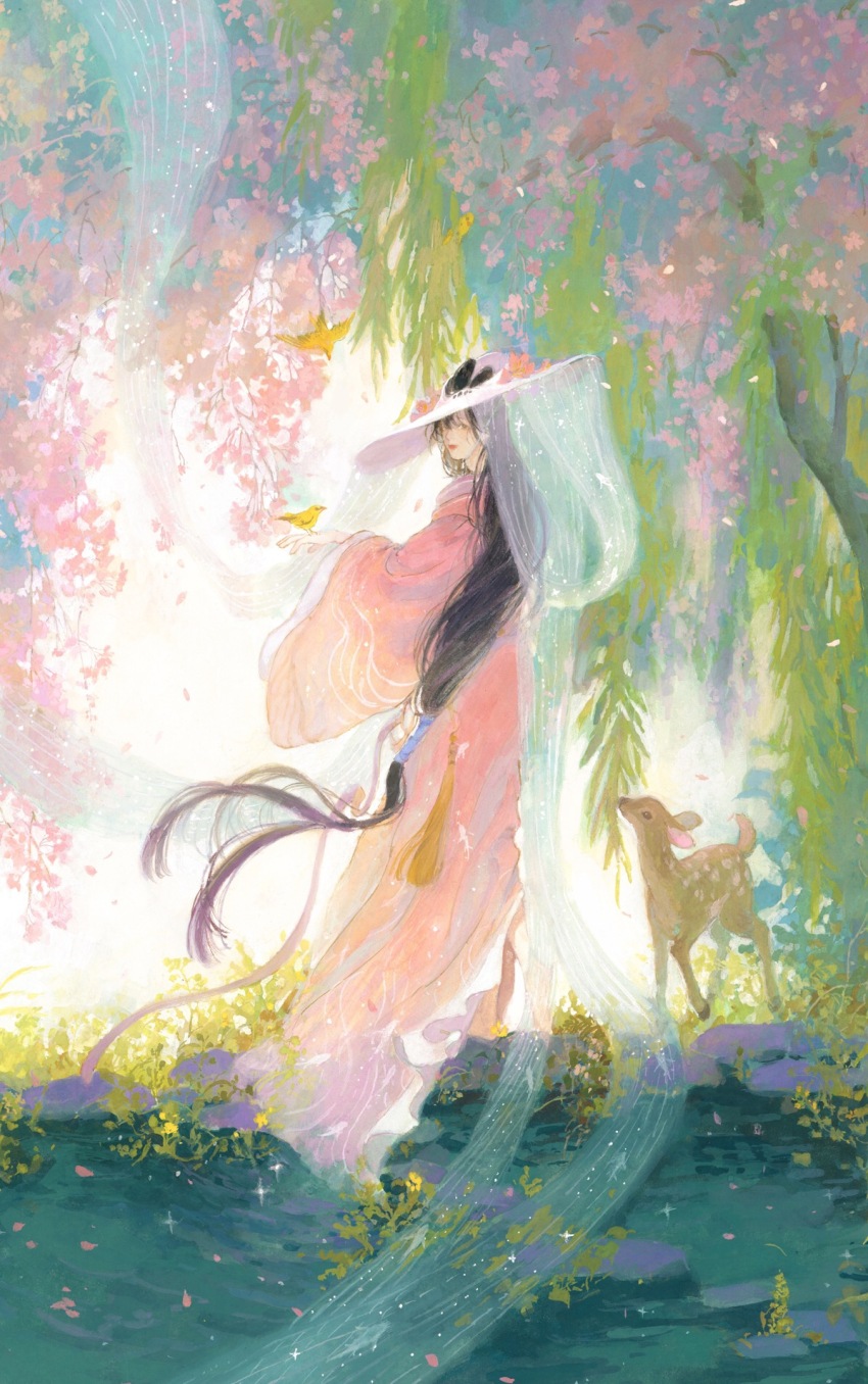 1girl, baby_animal, bird, bird_on_hand, black_hair, chinese_commentary, closed_mouth, commentary_request