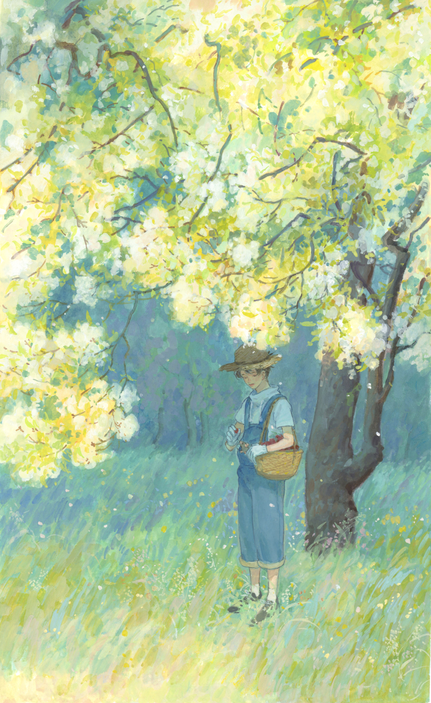 1boy, basket, black_hair, black_shoes, blue_overalls, brown_hat, chinese_commentary, closed_eyes