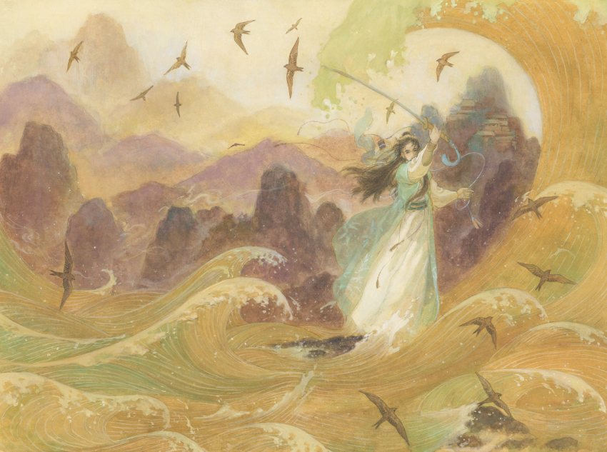 1boy, aqua_sash, bird, black_hair, chinese_clothes, chinese_commentary, commentary_request, flock