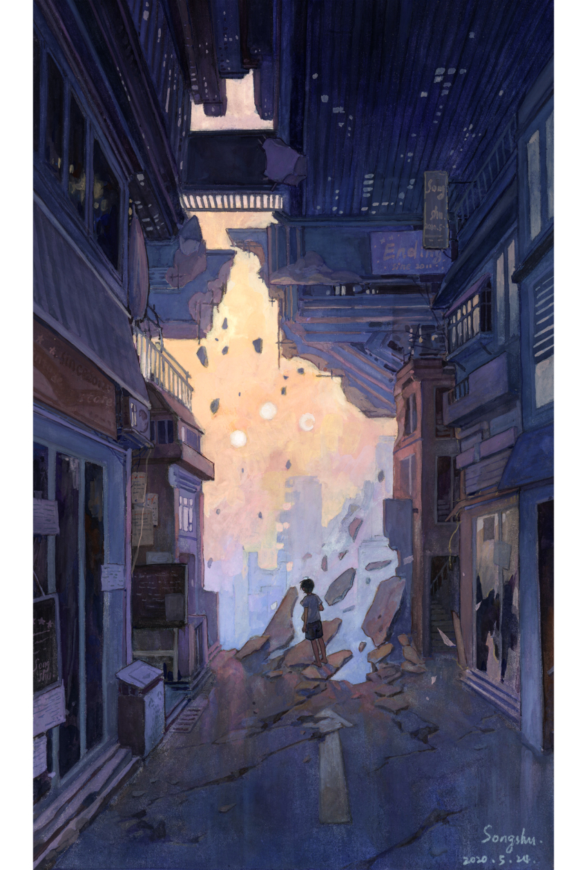 1boy, barefoot, black_hair, black_shorts, broken_window, building, commentary, dated