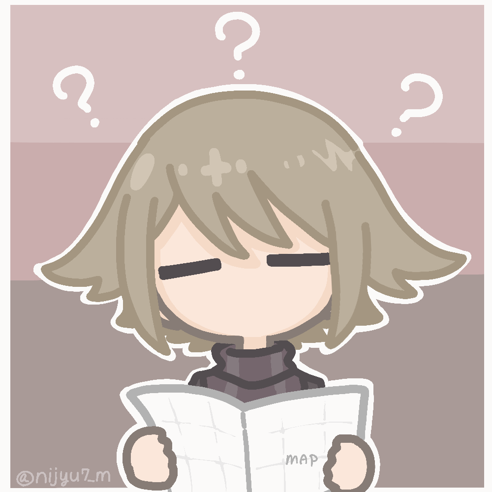 1girl, ?, ??, animated, animated_gif, black_sweater, border, brown_background, brown_hair, chibi, chibi_only, closed_eyes, facing_viewer, gradient_background, hair_flaps, holding, holding_map, map, nijyu7, no_mouth, outline, sidelocks, simple_background, solo, sweater, thinking, turtleneck, turtleneck_sweater, twitter_username, upper_body, urotsuki, white_border, white_outline, yume_2kki