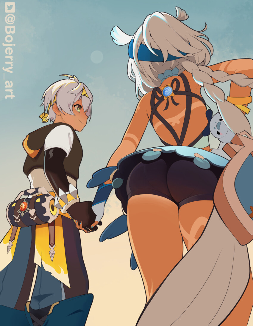 1boy, 1girl, ass, bare_shoulders, bennett_(adventures_in_blazing_hue)_(genshin_impact), bennett_(genshin_impact), black_shorts, blush