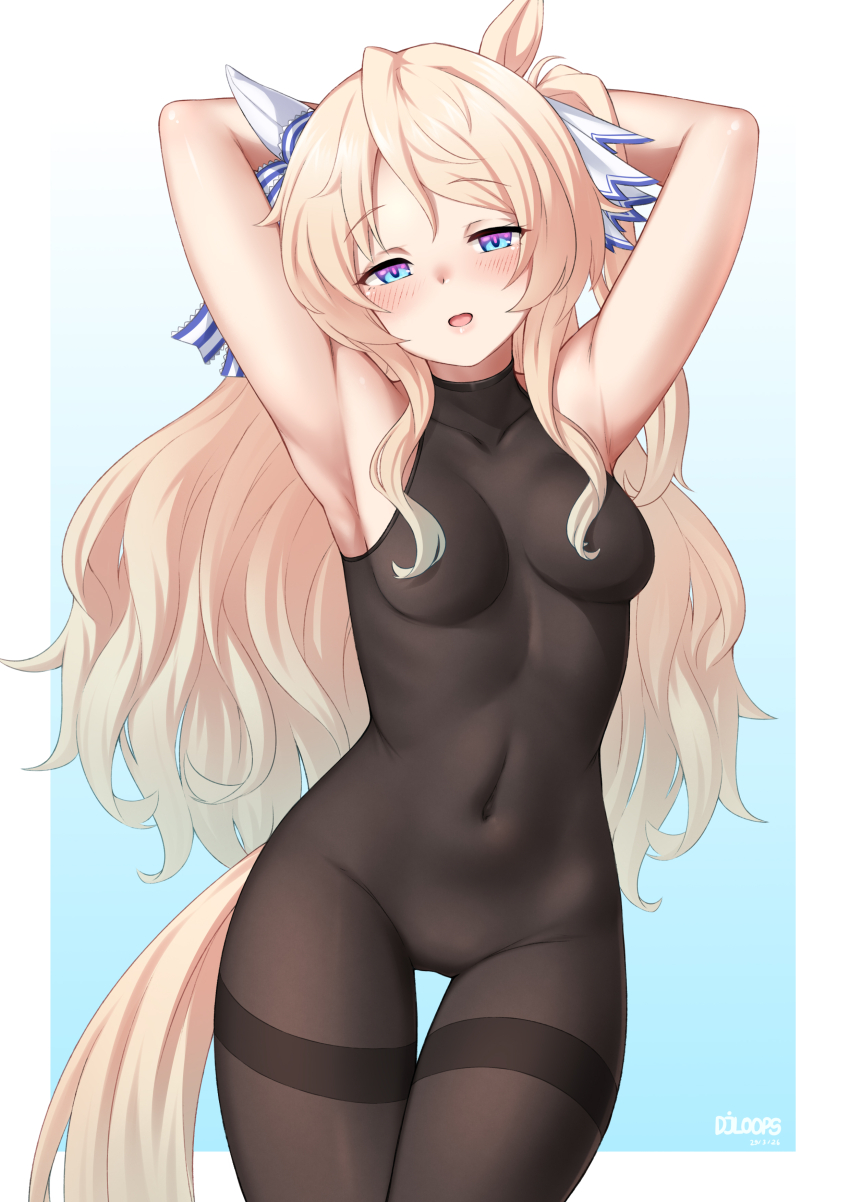 1girl, absurdres, animal_ears, armpits, arms_behind_head, arms_up, artist_name, blonde_hair