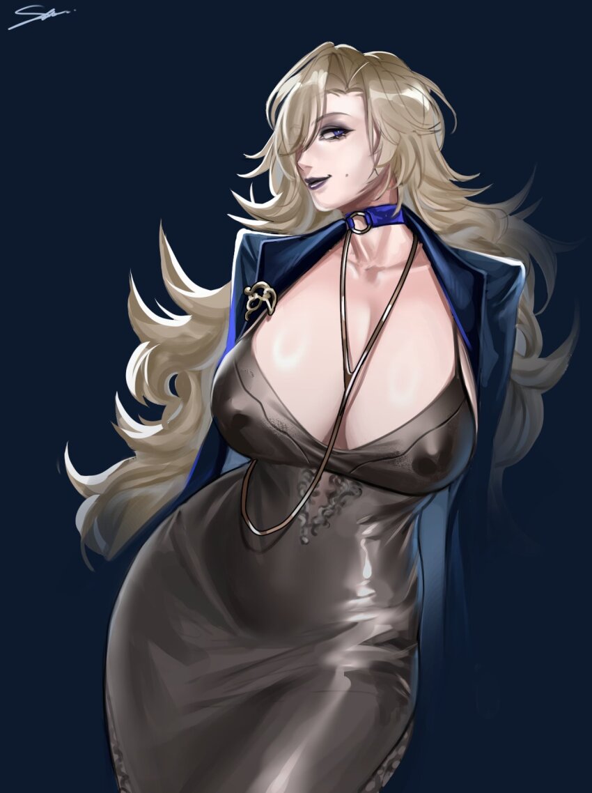 1girl, blonde_hair, blue_choker, blue_eyes, breasts, choker, highres, jacket