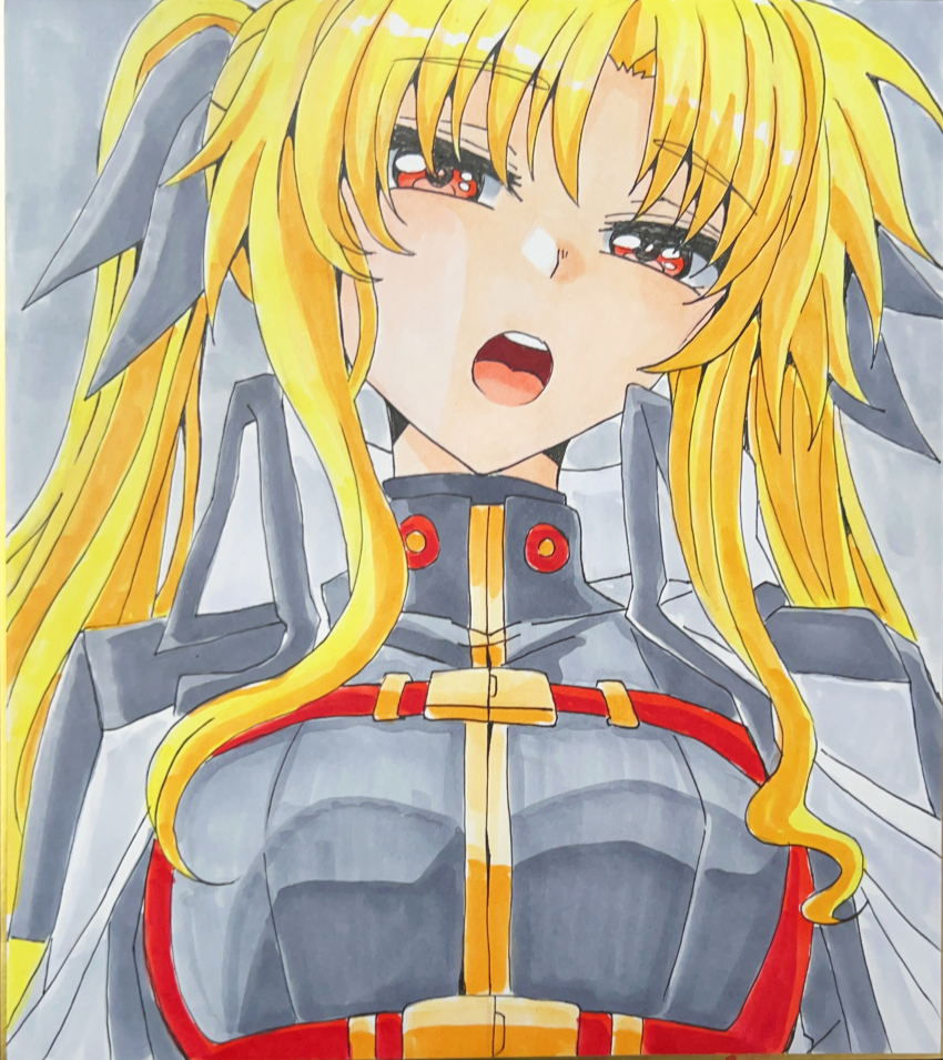 1girl, :o, absurdres, black_ribbon, blonde_hair, breasts, close-up, curtained_hair, fate_testarossa, folded_collar, grey_background, hair_ribbon, highres, kure_anoka709, large_breasts, long_sidelocks, looking_at_viewer, lyrical_nanoha, mahou_shoujo_lyrical_nanoha, open_mouth, parted_bangs, photo_(medium), red_eyes, ribbon, sidelocks, simple_background, solo, traditional_media, twintails, upper_body