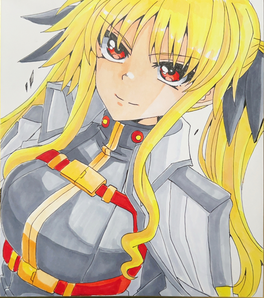1girl, absurdres, black_ribbon, blonde_hair, breasts, close-up, closed_mouth, fate_testarossa, folded_collar, hair_ribbon, highres, kure_anoka709, large_breasts, long_sidelocks, looking_at_viewer, lyrical_nanoha, mahou_shoujo_lyrical_nanoha, photo_(medium), red_eyes, ribbon, sidelocks, smile, solo, traditional_media, twintails, upper_body