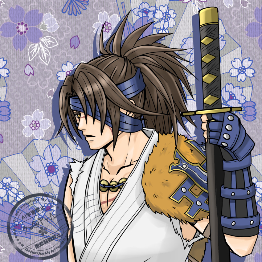 1boy, blue_headband, hand_on_sheath, headband, highres, japanese_clothes, long_hair, male_focus
