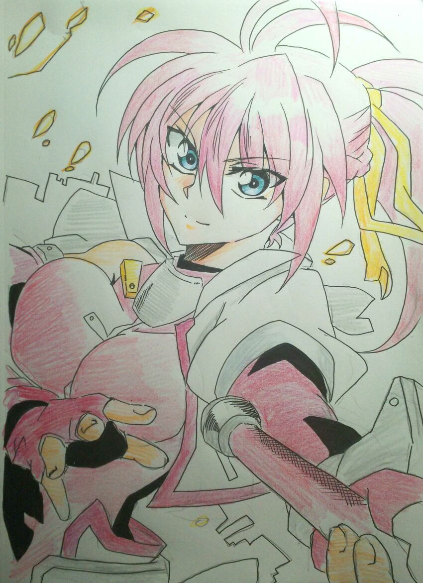 1girl, absurdres, antenna_hair, blue_eyes, breasts, closed_mouth, colored_pencil_(medium), cropped_jacket, double-parted_bangs, fingerless_gloves, gloves, hair_between_eyes, hair_ribbon, high_ponytail, highres, holding, holding_sword, holding_weapon, kure_anoka709, laevatein_(nanoha), large_breasts, long_hair, lyrical_nanoha, mahou_shoujo_lyrical_nanoha, mahou_shoujo_lyrical_nanoha_a's, photo_(medium), pink_gloves, pink_hair, ponytail, ribbon, short_sleeves, signum, simple_background, smile, solo, sword, traditional_media, weapon, white_background