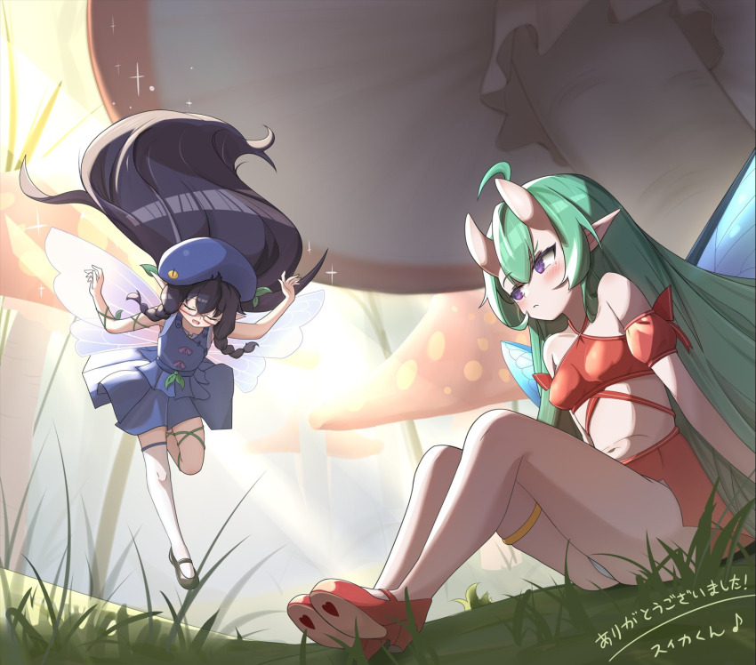 2girls, beret, black_hair, blue_eyes, blush, braid, breasts, commentary_request