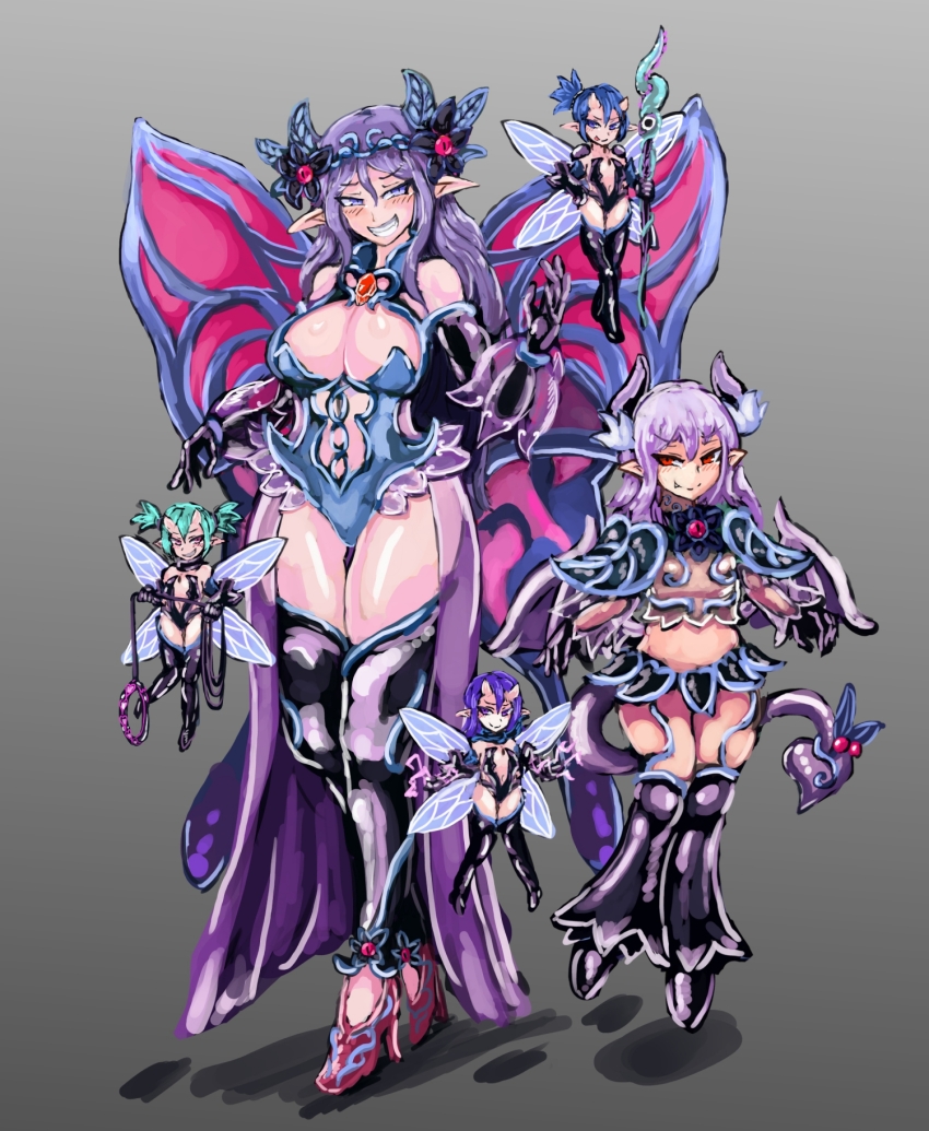 5girls, breasts, butterfly_wings, commentary_request, corruption, fairy_(monster_girl_encyclopedia), fang, full_body