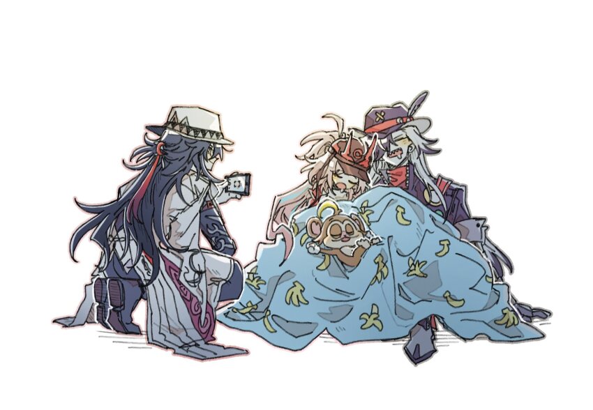 1girl, 2boys, 3chyun, ashveil_(honkai:_star_rail), banana_print, baseball_cap, black_hair, blanket