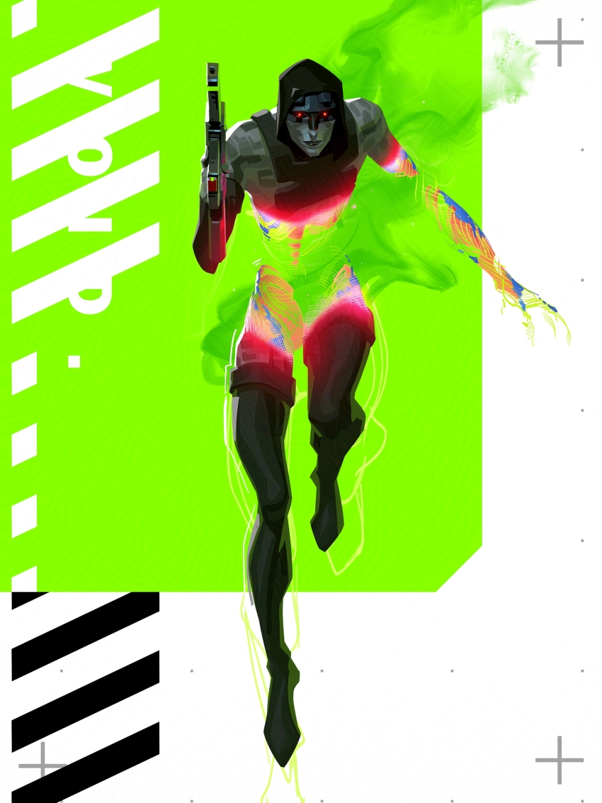 1boy, absurdres, assassin_(marathon), black_hood, closed_mouth, commentary, full_body, gun, highres, holding, holding_gun, holding_weapon, jeremy_anninos, looking_at_viewer, male_focus, marathon_(2026), marathon_(series), red_eyes, solo, weapon