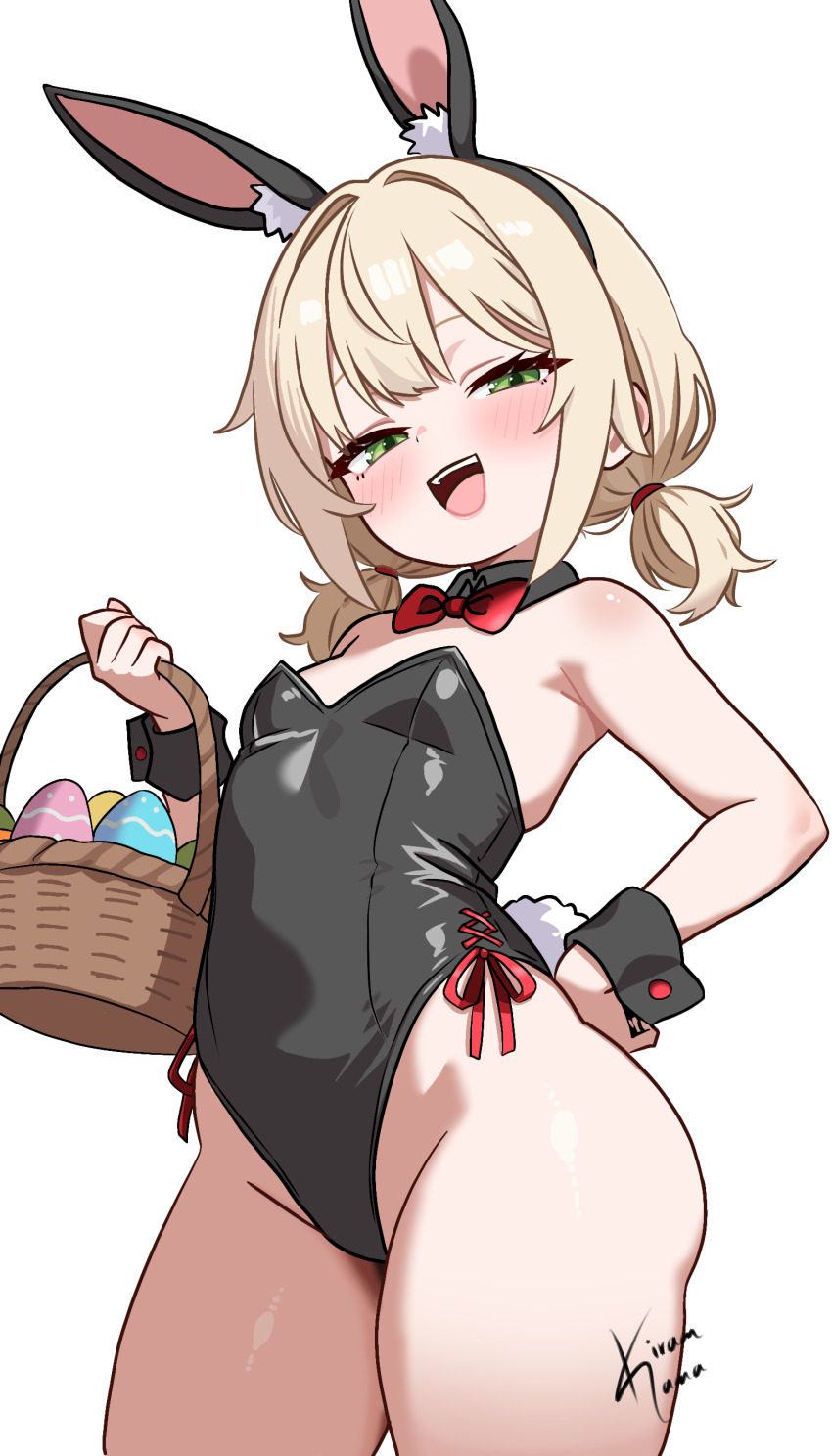 1girl, animal_costume, artist_name, basket, blonde_hair, blush, cuffs, egg, female_focus, flat_chest, green_eyes, hand_on_own_hip, kiramsama, loli, looking_at_viewer, medium_hair, open_mouth, original, rabbit_costume, rabbit_ears, rabbit_tail, red_ribbon, ribbon, signature, simple_background, solo, solo_focus, twintails, white_background, wrist_cuffs