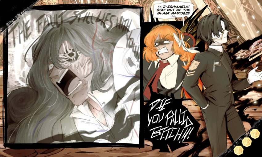 1other, 2girls, ahab_(project_moon), black_coat, black_hair, black_necktie, black_suit, bow