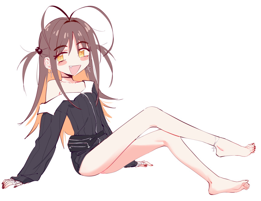 1girl, :d, anklet, antenna_hair, arm_support, bandaged_hand, bandages, bare_legs