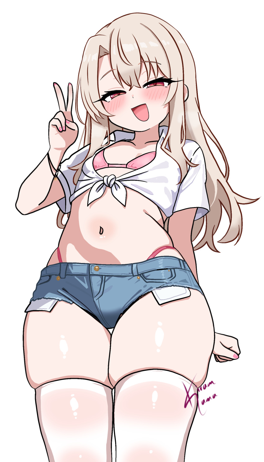1girl, arm_up, arms_behind_back, blonde_hair, blush, bra, bracelet, denim, denim_shorts, fate/kaleid_liner_prisma_illya, fate_(series), female_focus, illyasviel_von_einzbern, jeans_shorts, jewelry, kiramsama, loli, long_hair, looking_at_viewer, navel, open_mouth, panties, pink_bra, pink_panties, red_eyes, shirt, shorts, signature, simple_background, solo, solo_focus, thighhighs, underwear, v, white_background, white_shirt