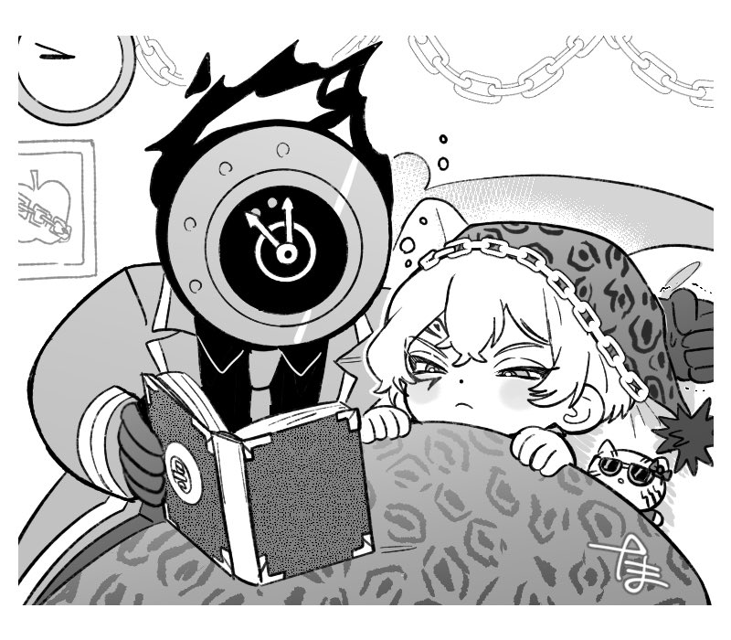 1boy, 1other, bed, bedtime_story, book, chain, character_doll, closed_mouth