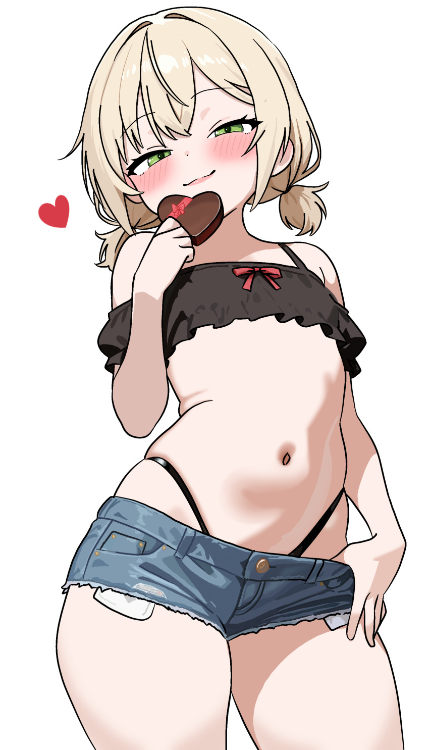 1girl, black_panties, black_tank_top, blonde_hair, blush, candy, chocolate, chocolate_heart, closed_mouth, denim, denim_shorts, female_focus, flat_chest, food, green_eyes, hand_on_pants, heart, holding, jeans_shorts, kiramsama, loli, looking_at_viewer, navel, original, panties, short_hair, shorts, simple_background, solo, solo_focus, tank_top, twintails, underwear, white_background