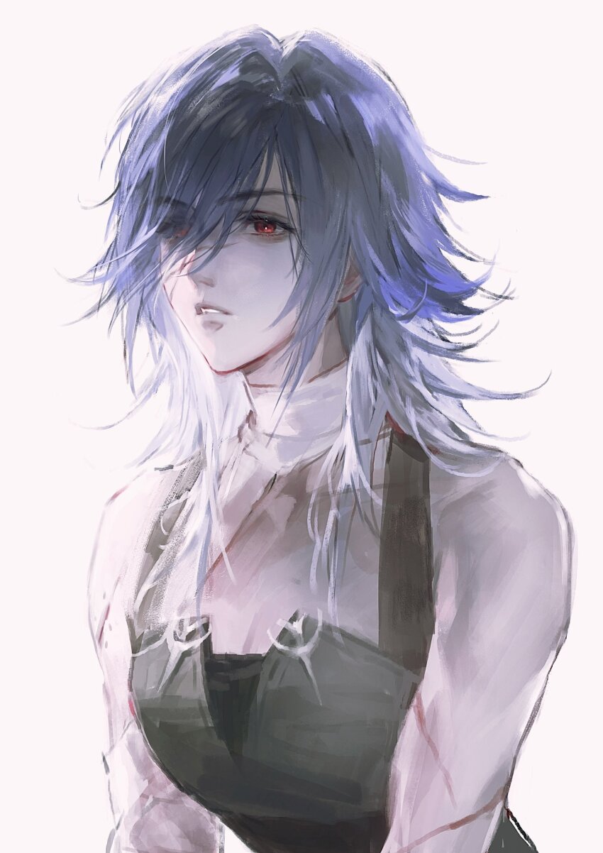 1girl, bandaged_neck, bandages, blue_hair, ceto_(path_to_nowhere), hair_over_one_eye, highres, path_to_nowhere, red_eyes, setsumiyzfl, simple_background, solo, toned, toned_female, upper_body, white_background