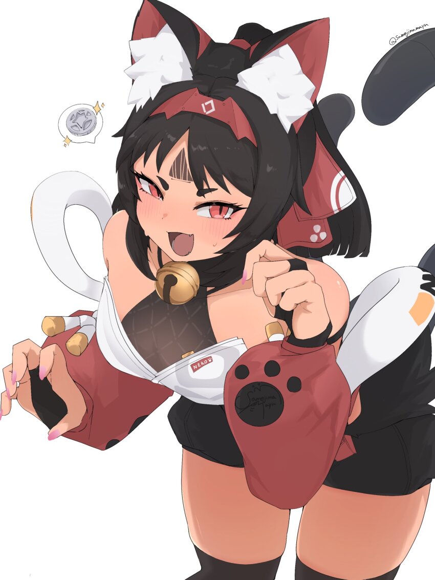 1girl, animal_ear_fluff, animal_ears, barcode, barcode_tattoo, bare_shoulders, black_hair, black_shorts