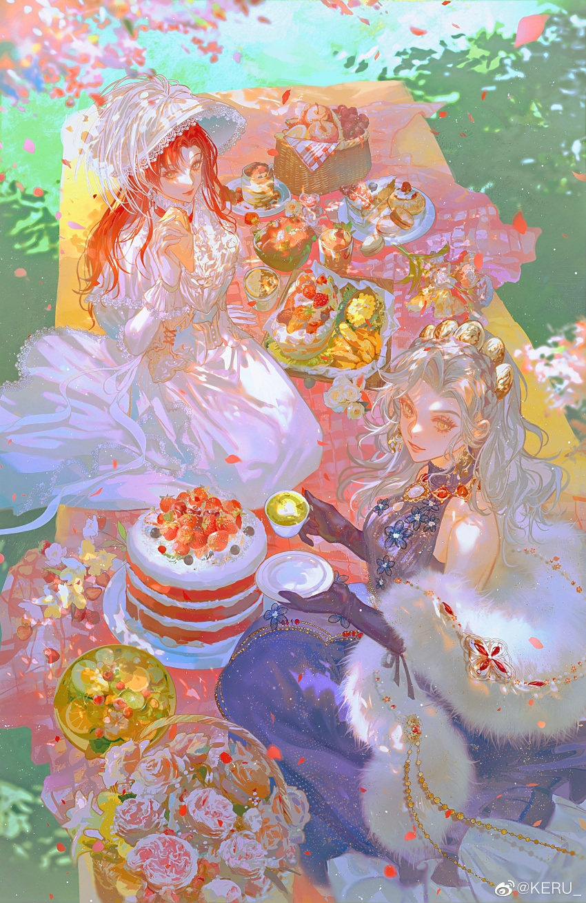 2girls, absurdres, apple, bare_shoulders, basket, blueberry, breasts, cake