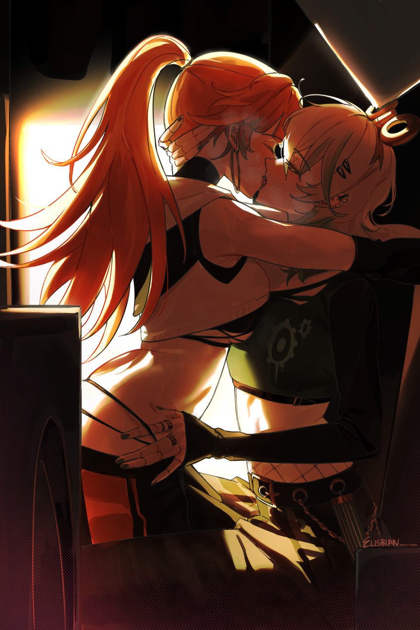 2girls, absurdres, artist_name, backlighting, black_shirt, breast_press, breasts, cecilia_immergreen