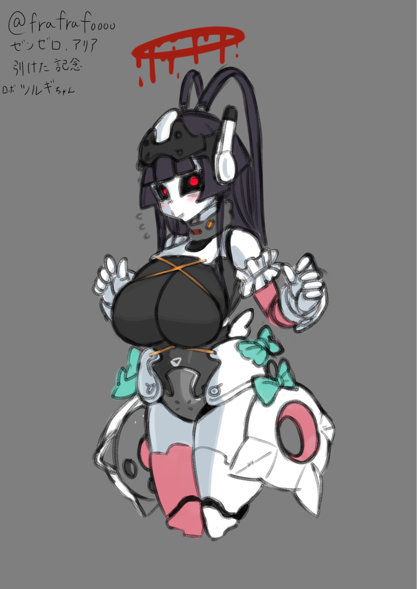 1girl, ahoge, aria_(zenless_zone_zero), artist_name, black_hair, blood, blood_halo, blue_archive, bow, breasts, commentary_request, crossover, frafrafoooo_1130, frills, halo, highres, large_breasts, liquid_halo, mechanical_arms, mechanical_eyes, mechanical_legs, red_eyes, red_halo, simple_background, solo, tsurugi_(blue_archive), zenless_zone_zero