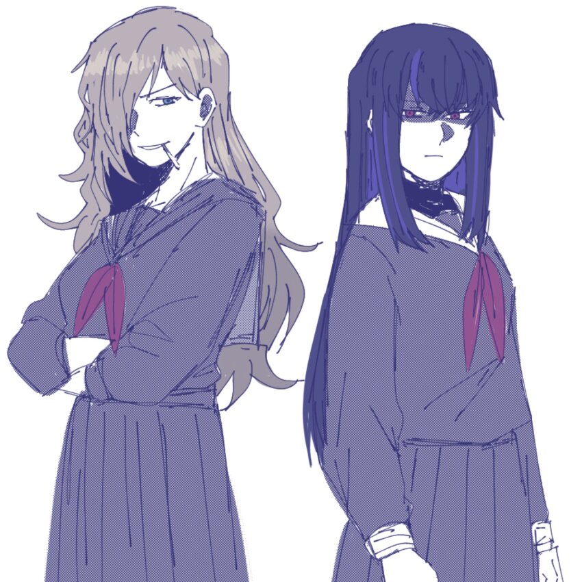 2girls, aged_down, angry, back-to-back, black_hair, blue_eyes, blue_sailor_collar, blue_shirt