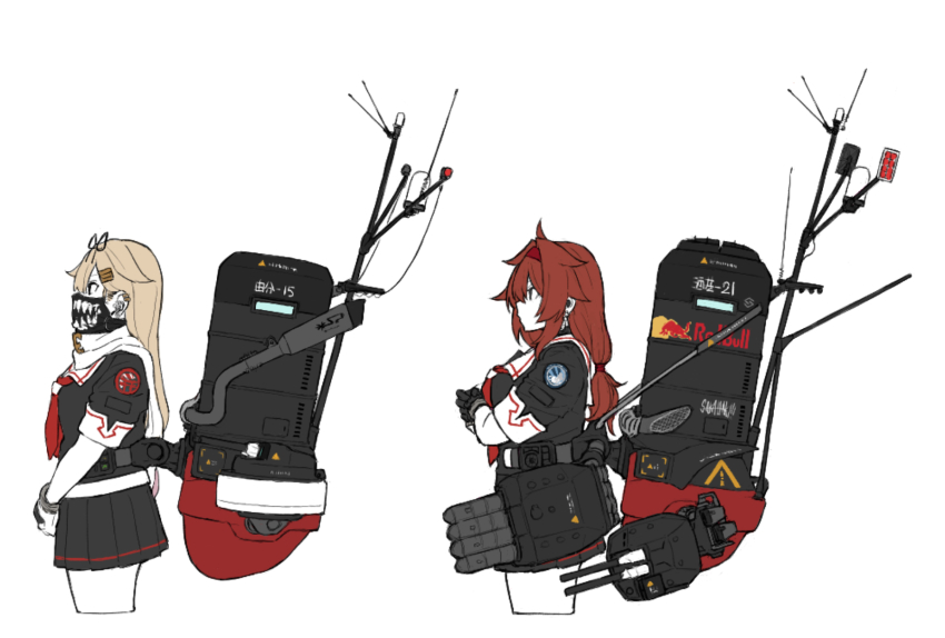 2girls, adapted_turret, antennae, badge, black_gloves, black_serafuku, black_skirt, blonde_hair