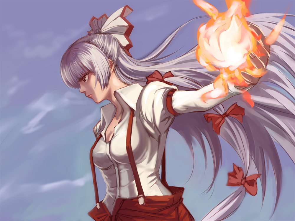 1girl, bow, breasts, cleavage, dress_shirt, female_focus, fire, fujiwara_no_mokou