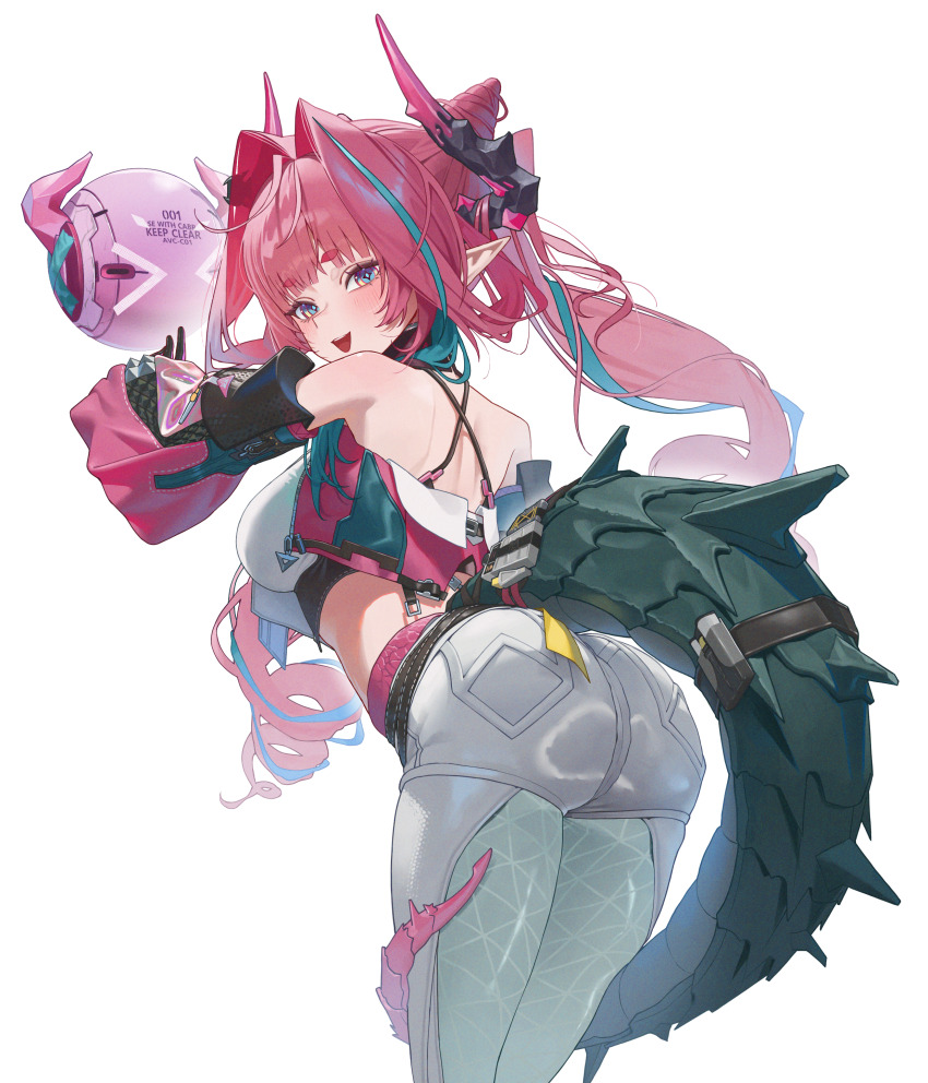 1girl, absurdres, arknights, arknights:_endfield, bare_shoulders, black_horns, blue_eyes, cowboy_shot