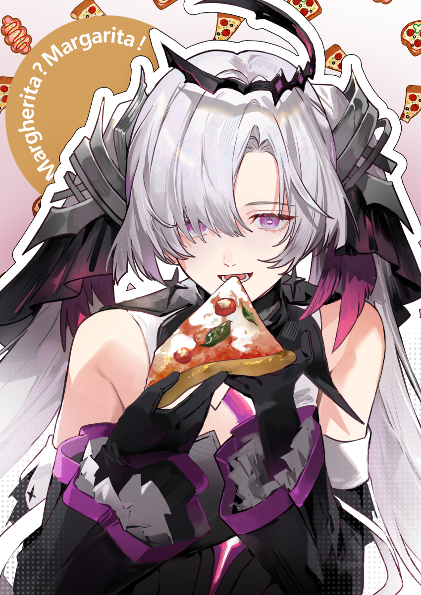 1girl, absurdres, bare_shoulders, black_gloves, cino_(cappuccino), commentary, earrings, food