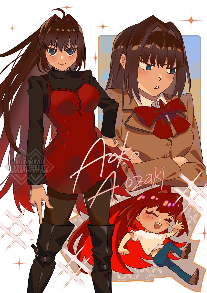 1girl, aozaki_aoko, black_boots, black_sweater, blue_eyes, boots, bow, breasts