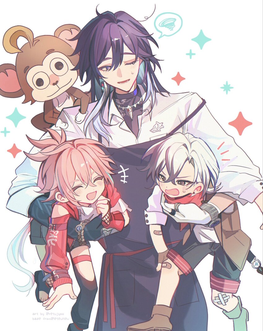 1boy, 2boys, ^_^, aged_down, alternate_costume, animal, animal_on_shoulder, apron