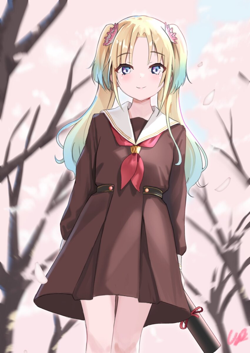 1girl, brown_dress, cherry_blossoms, commentary_request, diploma_tube, dress, falling_petals, feet_out_of_frame