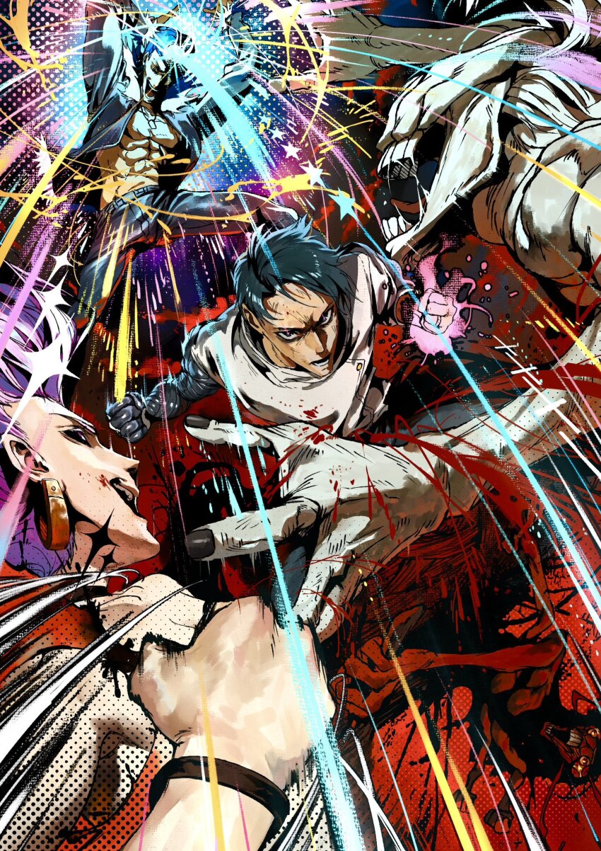 1girl, 2boys, abs, black_eyes, black_hair, black_jacket, black_sclera, colored_sclera