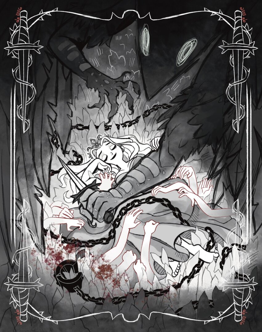 1boy, 1girl, barefoot, beak, bird_boy, black_feathers, black_lips, blood