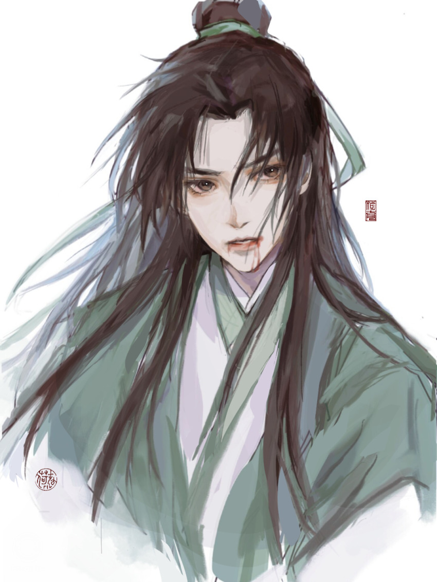 1boy, blood, blood_from_mouth, blood_on_face, brown_eyes, brown_hair, chinese_clothes, chinese_commentary