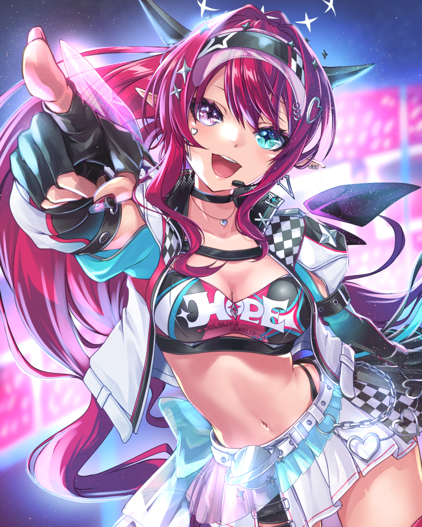 1girl, black_gloves, black_tube_top, blue_eyes, breasts, cleavage, commentary, cowboy_shot, cropped_jacket, english_commentary, fingerless_gloves, gloves, heterochromia, highres, hololive, hololive_english, irys_(hololive), irys_(race_queenrys)_(hololive), jacket, medium_breasts, miniskirt, multicolored_hair, navel, pointing, pointing_at_viewer, purple_eyes, purple_hair, race_queen, red_hair, skirt, solo, strapless, streaked_hair, tcdtcd461651, tube_top, two-tone_hair, virtual_youtuber, white_jacket, white_skirt