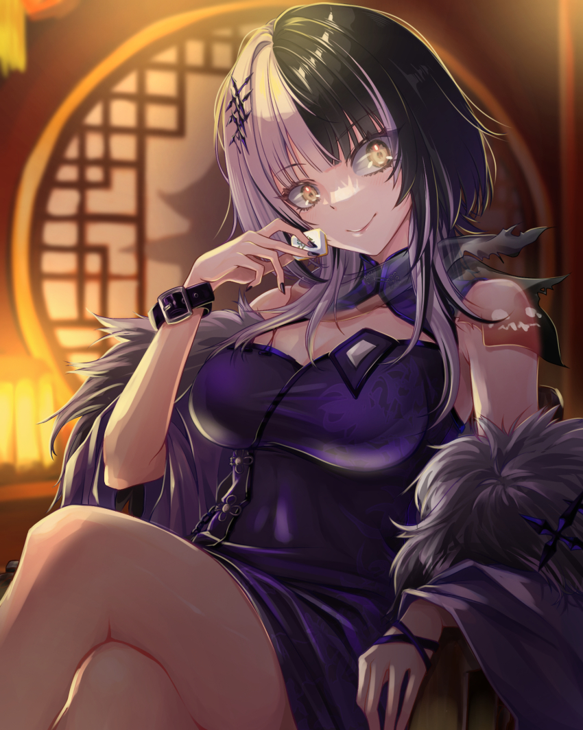 black_hair, blunt_bangs, blurry, blurry_background, breasts, chair, china_dress, chinese_clothes, cleavage_cutout, closed_mouth, clothing_cutout, commentary_request, dress, fur-trimmed_shawl, fur_trim, grey_hair, hand_up, highres, holding, holding_mahjong_tile, hololive, hololive_english, indoors, large_breasts, long_hair, looking_at_viewer, mahjong, mahjong_tile, multicolored_hair, on_chair, purple_dress, purple_shawl, shawl, shiori_novella, sitting, smile, split-color_hair, tcdtcd461651, virtual_youtuber, yellow_eyes