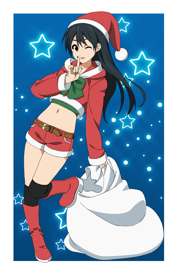 1girl, akane_(fukuoka_katsumi), belt, black_hair, boots, brown_eyes, christmas, crop_top