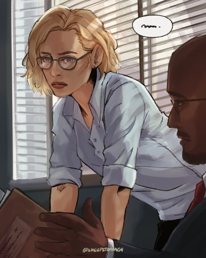 1boy, 1girl, backlighting, bald, blonde_hair, blue_shirt, bob_cut, collared_shirt, dark-skinned_male, dark_skin, glasses, grace_ashcroft, green_eyes, highres, leaning_forward, resident_evil, resident_evil_requiem, serious, sheepstomach, shirt, short_hair, sleeves_rolled_up, window_light