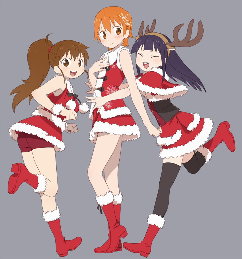 3girls, antlers, black_hair, boots, brown_eyes, brown_hair, christmas, highres
