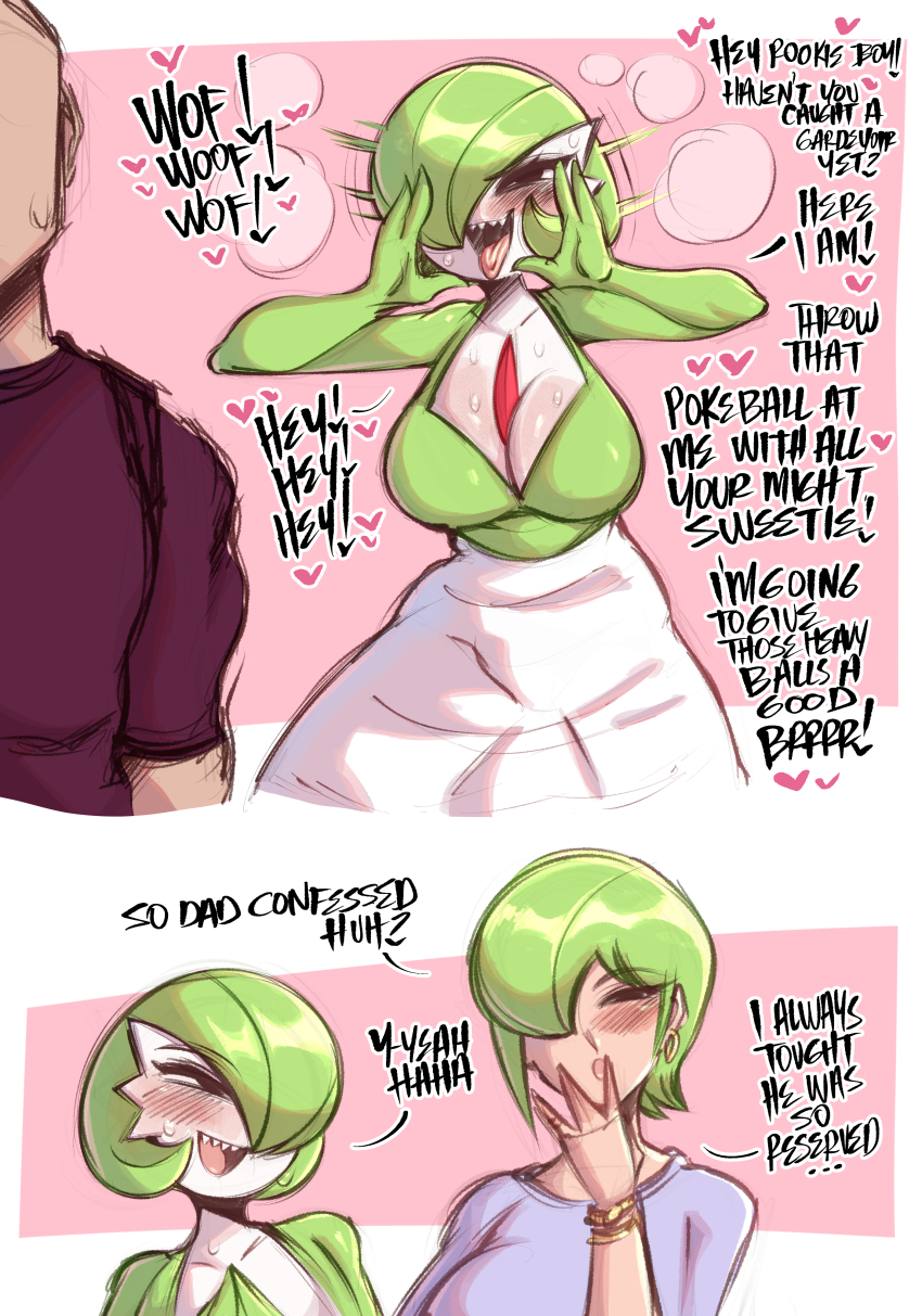 1boy, 2girls, black_eyes, blush, bob_cut, bracelet, breasts, breath