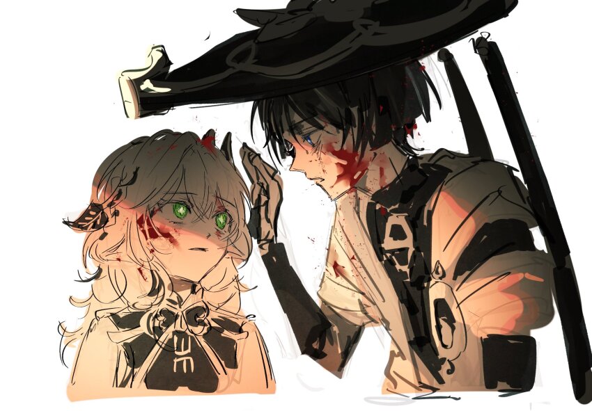 1boy, 1girl, alternate_hairstyle, arm_at_side, blood, blood_on_face, blue_eyes, blunt_ends