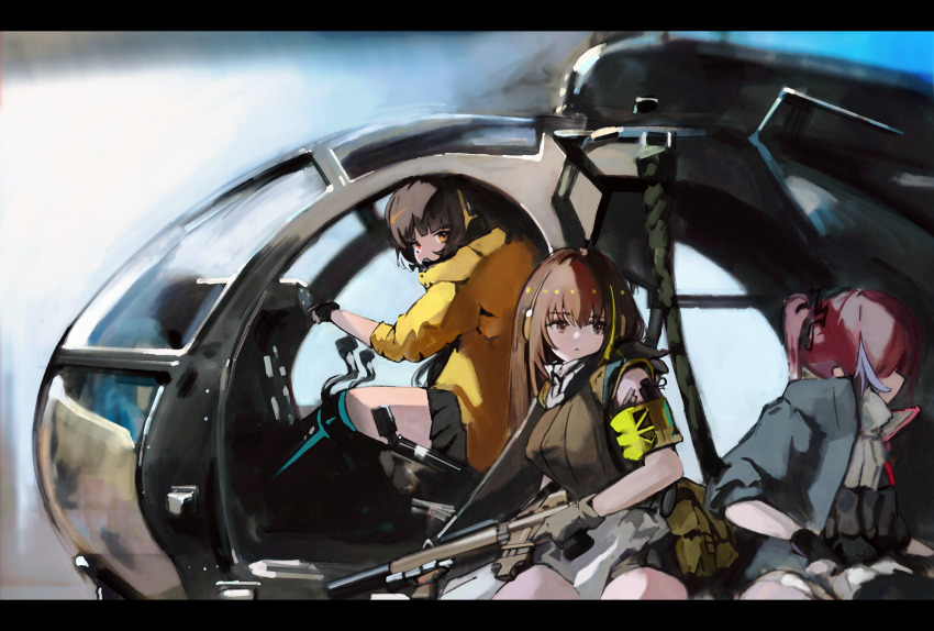 3girls, assault_rifle, black_hair, black_skirt, black_thighhighs, brown_eyes, brown_hair, girls'_frontline