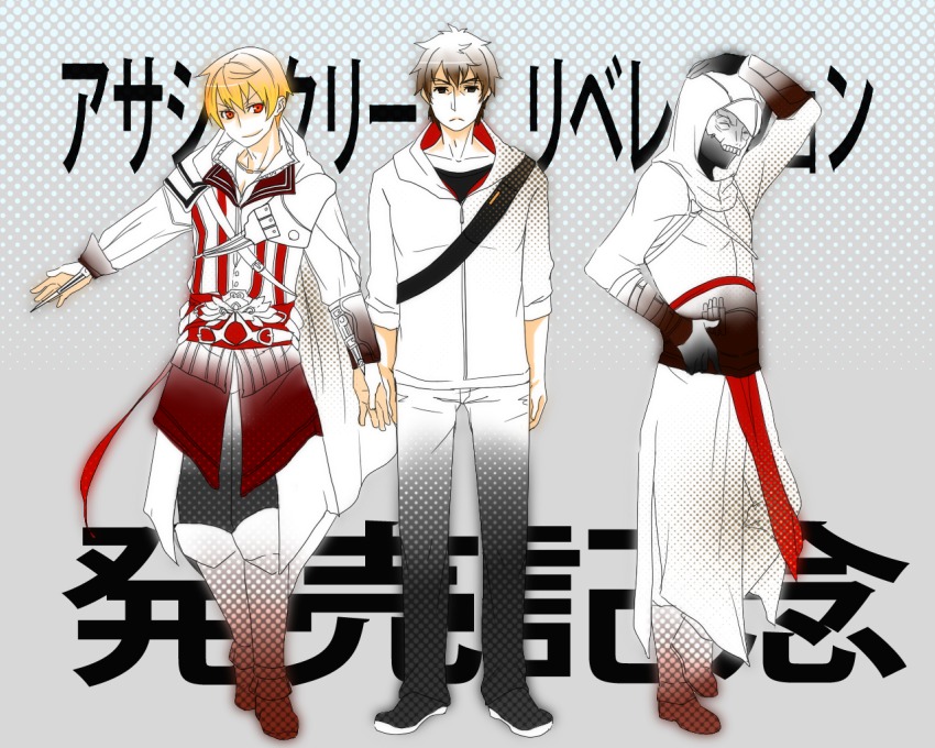 3boys, altair_ibn_la-ahad, altair_ibn_la-ahad_(cosplay), assassin's_creed, assassin's_creed:_revelations, assassin's_creed_(series), assassin's_creed_ii, assassin_(fate/zero), blonde_hair, brown_eyes, brown_hair, concealed_weapon, cosplay, dark-skinned_male, dark_skin, desmond_miles, desmond_miles_(cosplay), ezio_auditore_da_firenze, ezio_auditore_da_firenze_(cosplay), fate/stay_night, fate/zero, fate_(series), gilgamesh_(fate), hood, jitome, knife, kotomine_kirei, kotomine_kirei_(fate/zero), male_focus, mask, multiple_boys, parody, sakichi6891, seki_tomokazu, truth, vambraces, voice_actor_connection, weapon